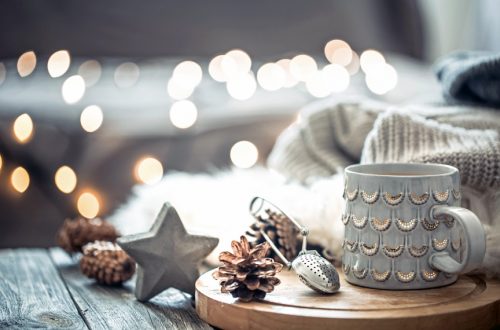 Coffee mug and twinkle lights