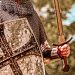 Closeup view of traditional medieval knight with shield and sword