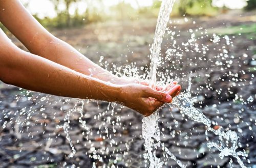Water pouring in hand on nature background