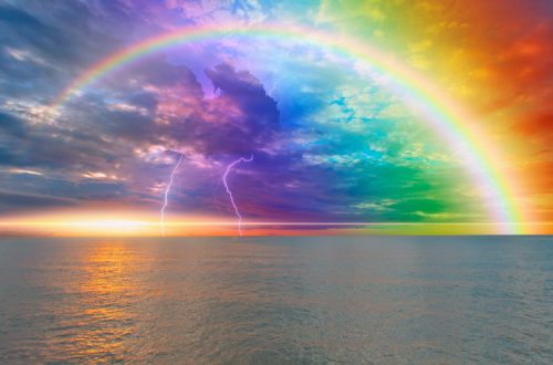 Rainbow over the stormy sea after rain with lightning, calm sea
