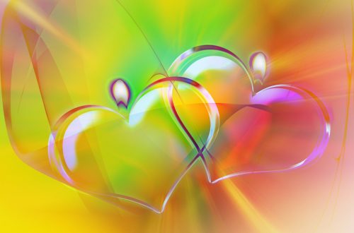 A graphic of two hearts in front of a green and pink background
