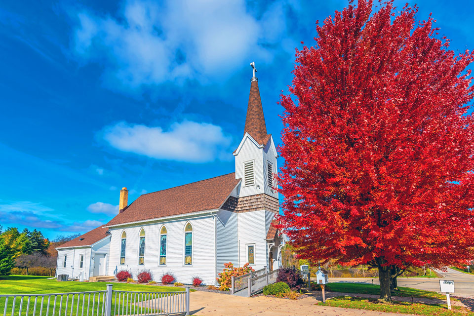 A white church next to a red tree