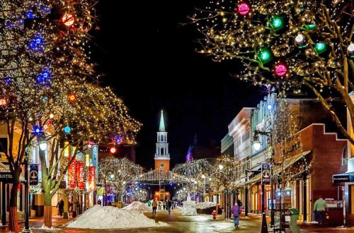 A town decorated for Christmas with lights