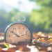 Clock in leaves on the ground