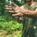 Man sifting through dirt in a forest