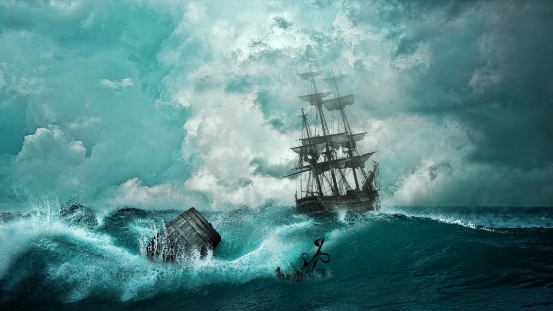 A ship caught in a storm in the open sea