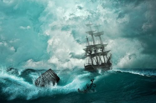 A ship caught in a storm in the open sea