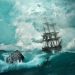 A ship caught in a storm in the open sea