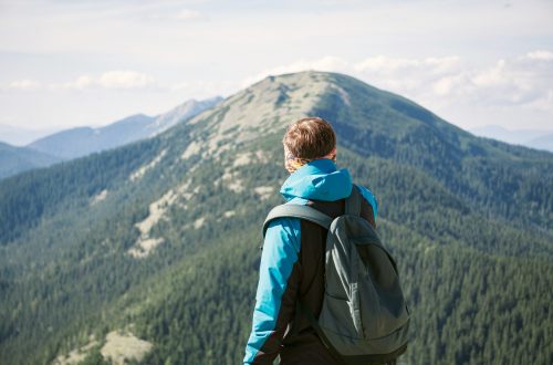 Mountain climber looking at the next summit