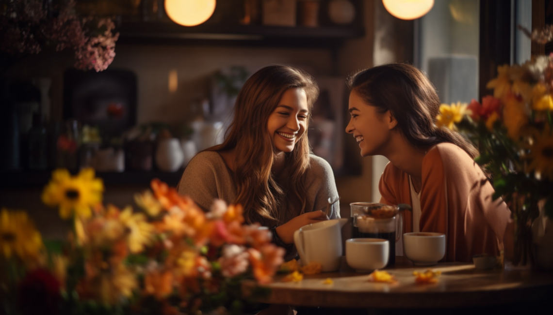 Two women talking at a coffee shop