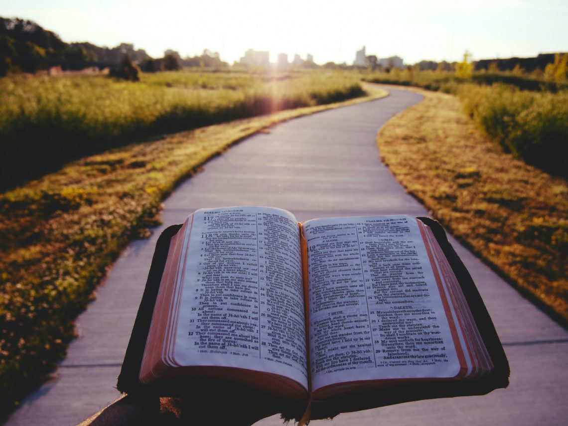 Open Bible in front of a path
